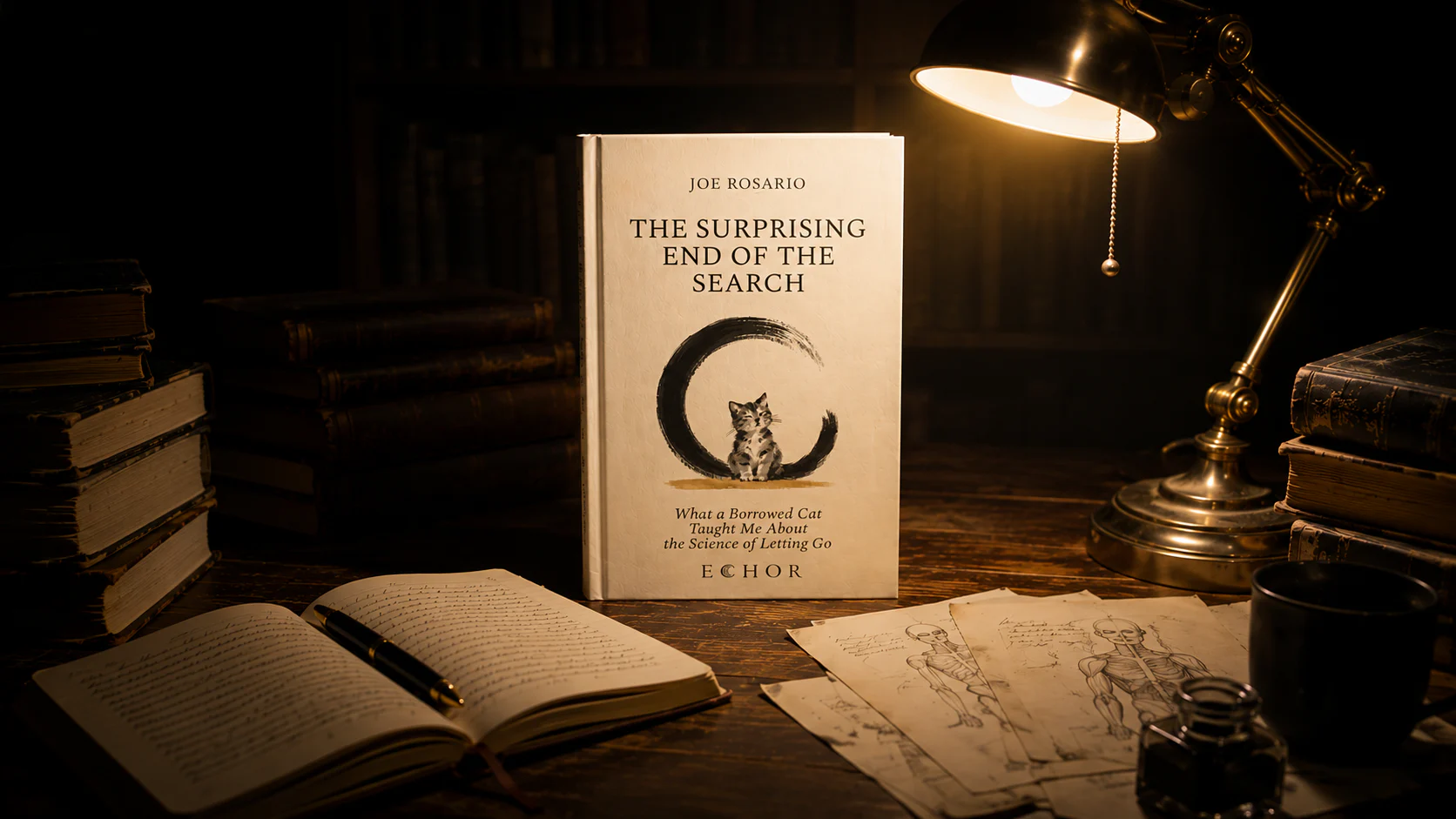 The Surprising End of the Search sobre a mesa de trabalho, sob a luz do candeeiro